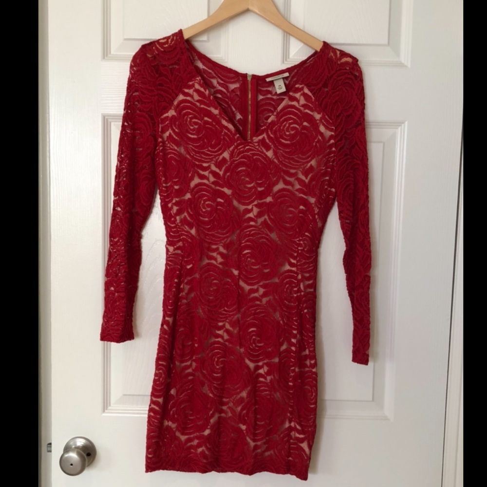 Red lace long sleeve dress